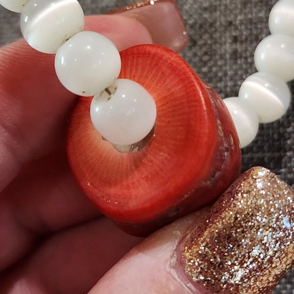 MCM White Abalone Mother of Pearl and Red Natural Stone Beaded Necklace
